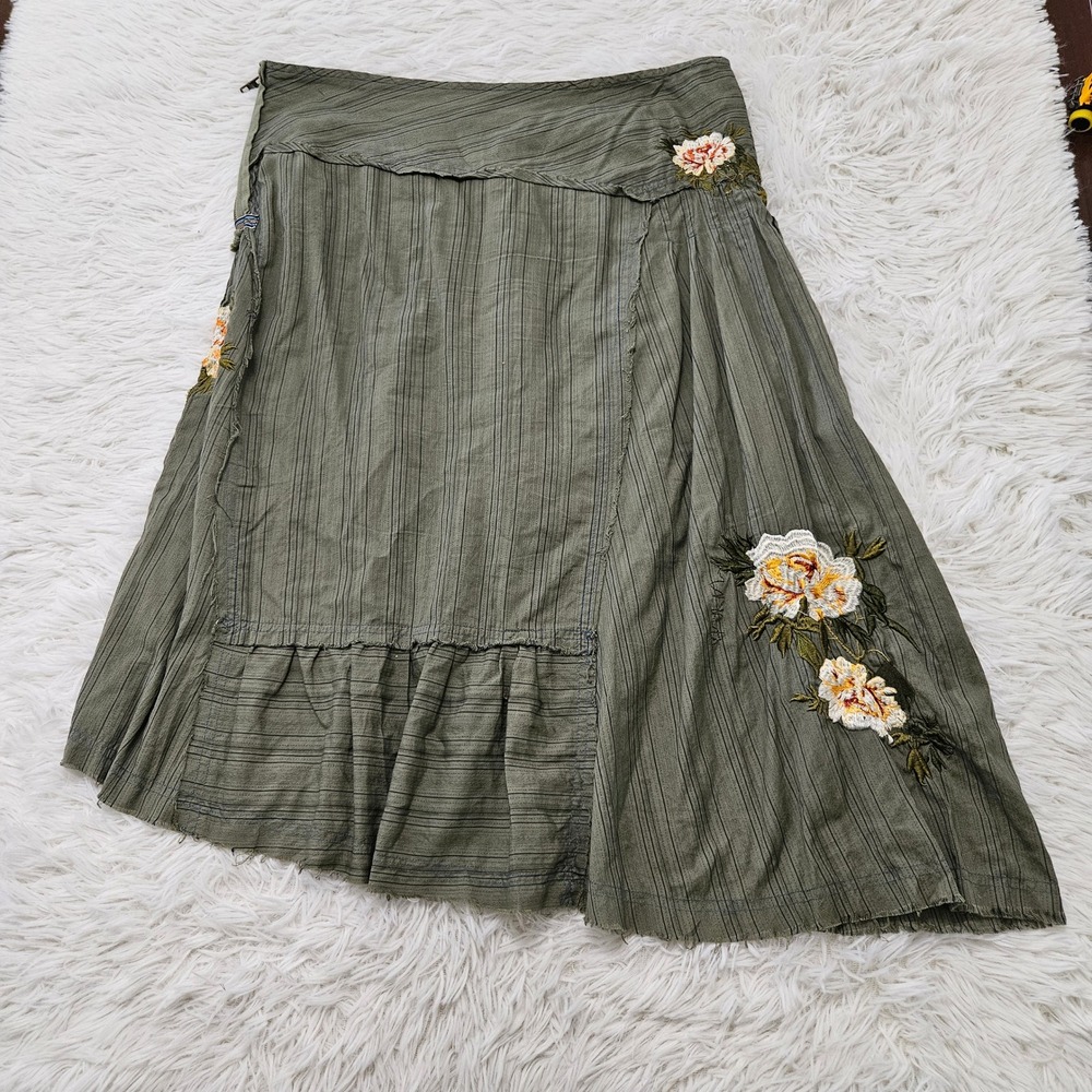3J Workshop Olive Green Pinstripe Floral Embroidered Asymmetrical Midi Skirt 6 - Picture 3 of 10
